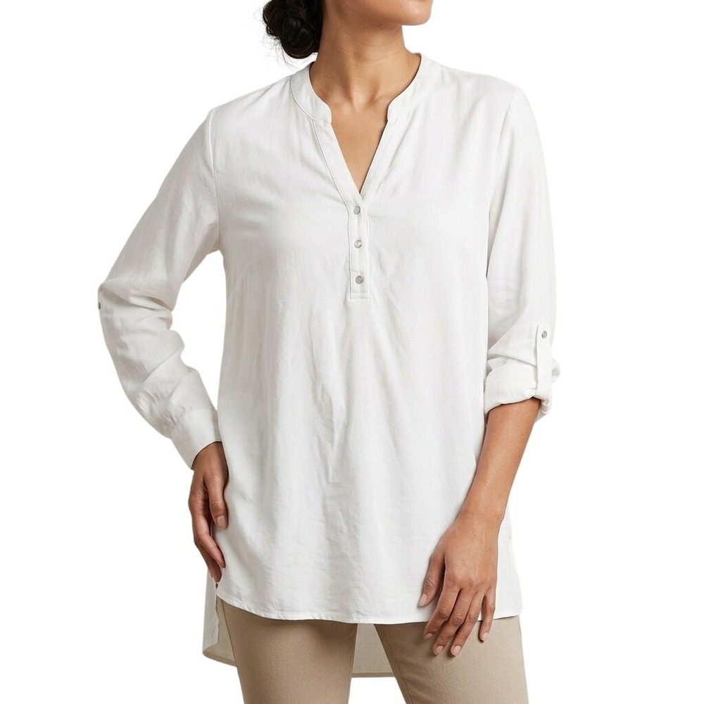 Soft Surroundings Women's Size Large Cream‎ Tencel Roll Tab Sleeve Tunic Blouse
